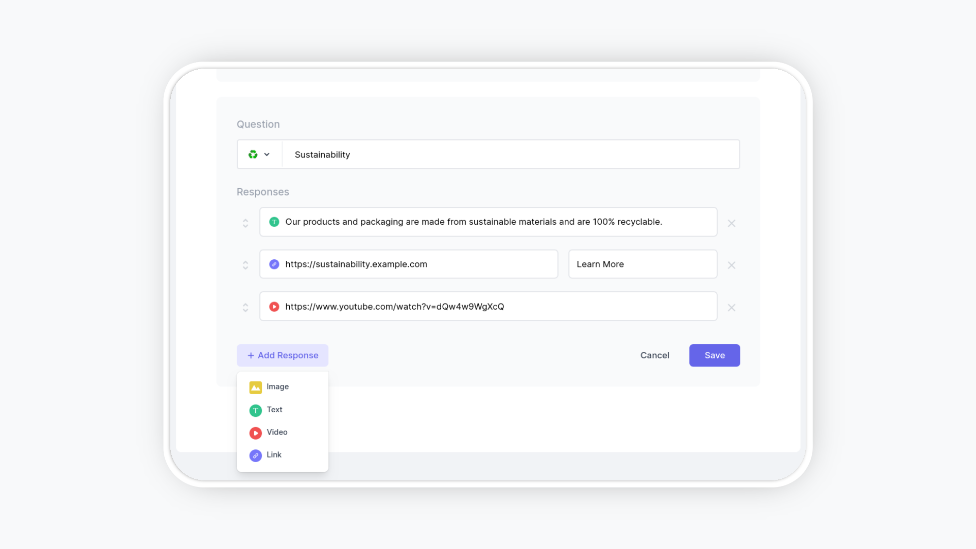 Zoomed view of adding questions and answers with rich content