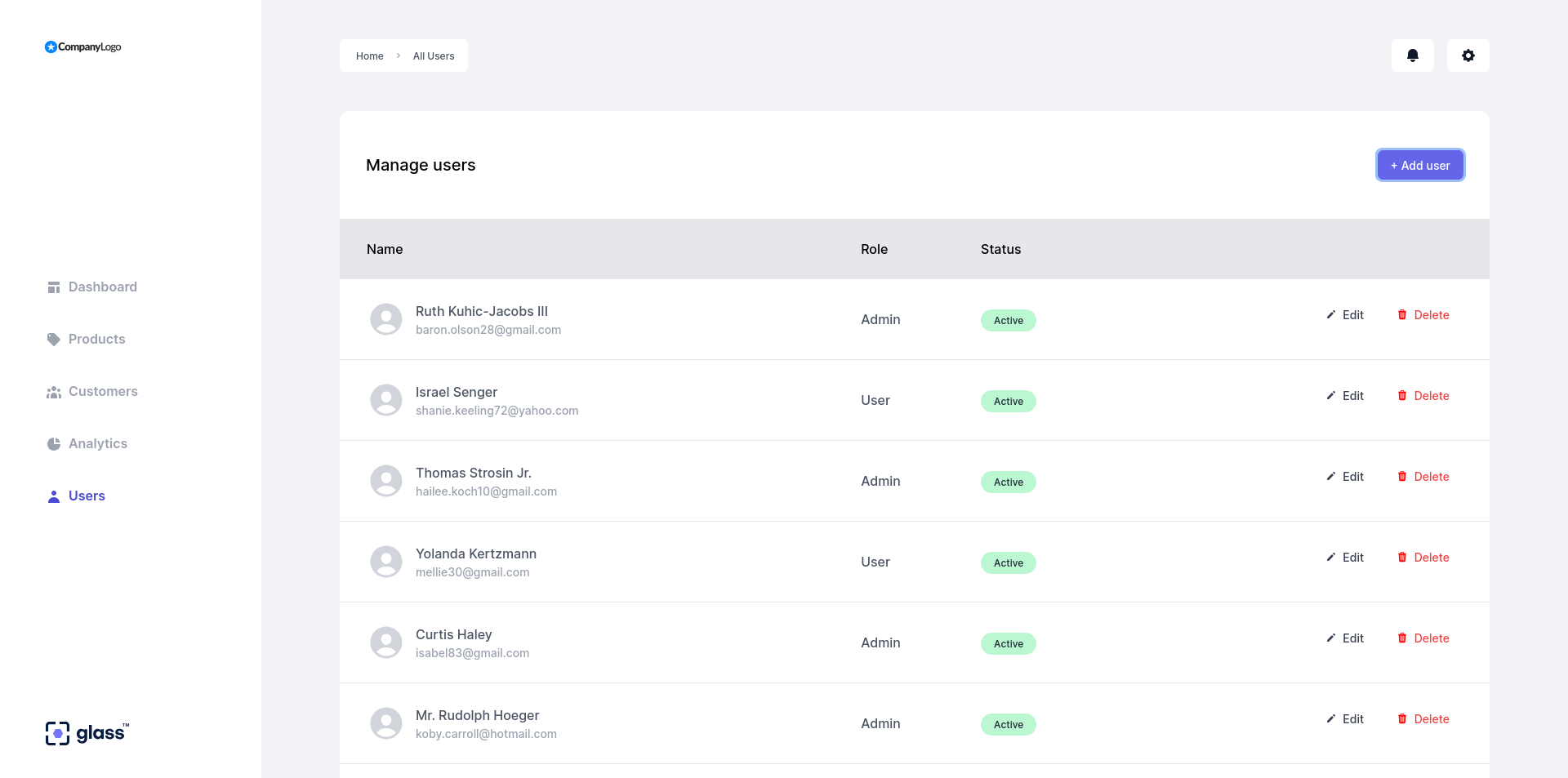 List of admin/member users of Glass dashboard